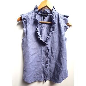 Ellen Tracy Blouse XS Rufflle Edge Collar Caps Sleeve Blue Linen Blend Button Up